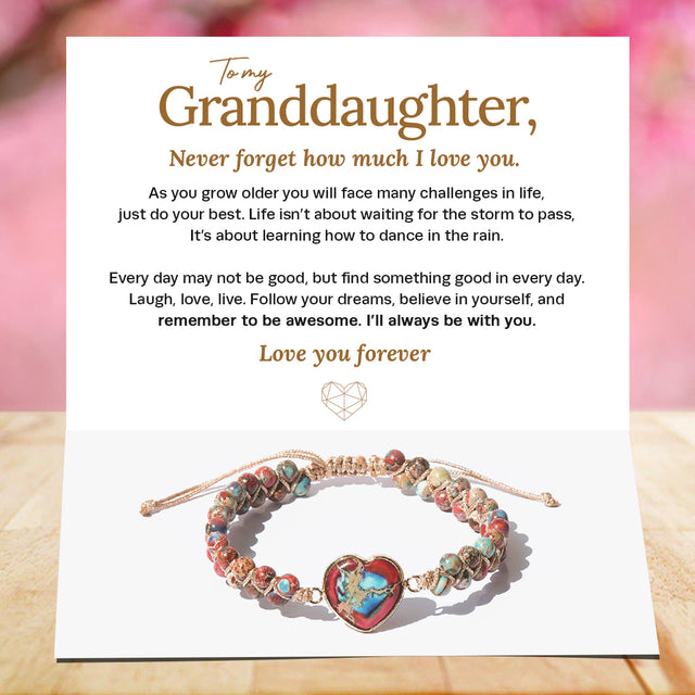 To My Granddaughter Love You Forever Jasper Heart Bracelet Card Message