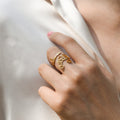 model wearing a gold colored Custom Birth Flower and Name Ring