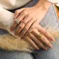 model wearing the silver, rose gold, and gold Personalized Name Stack Ring