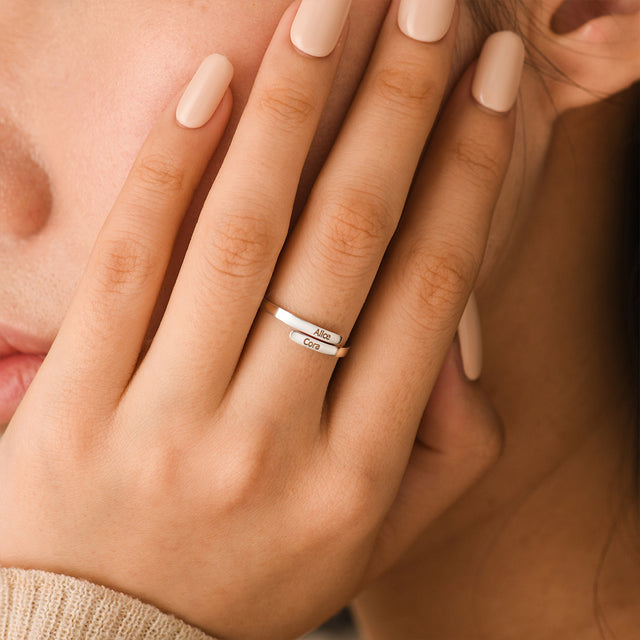 model wearing silver Custom Double Name Wrap Ring