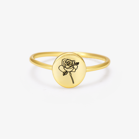 gold colored Birth Flower Statement Ring on a white background