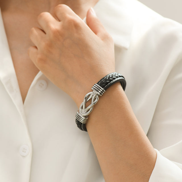 Model wearing “Mother and Daughter Forever Linked Together” Braided Leather Bracelet