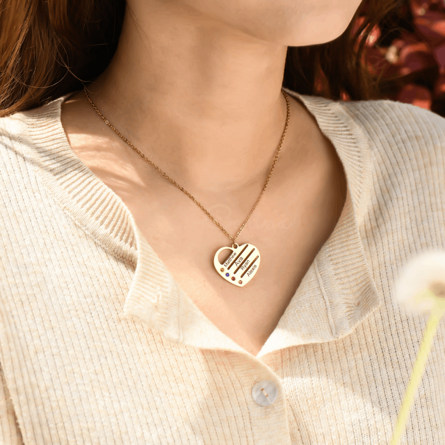 Model wearing Personalized Name with Birthstones Heart Necklace