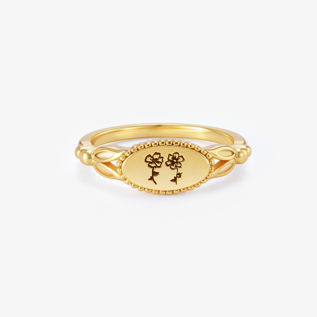 gold Personalized Multiple Birth Month Flower Ring on white background