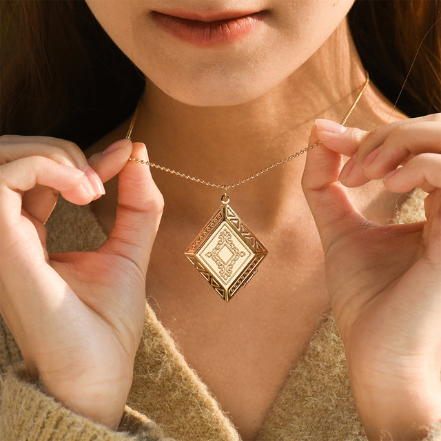 model wearing the Diamond Pattern Locket Necklace