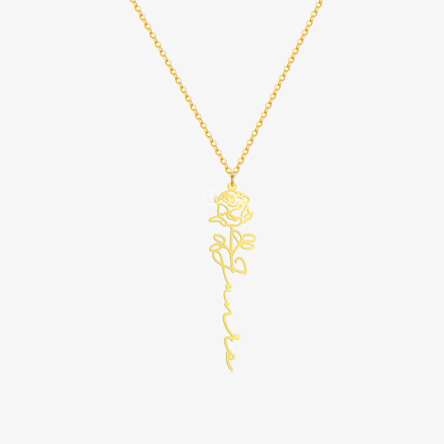 Gold Personalized Name with Birth Flower Necklace on white background