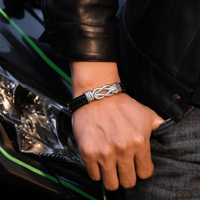 Male model wearing the Mother and Son Forever Linked Together Braided Leather Bracelet