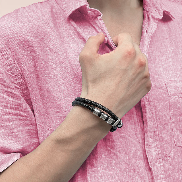 male model in pink shirt wearing I Am So Proud Of You - Grandson Bracelet