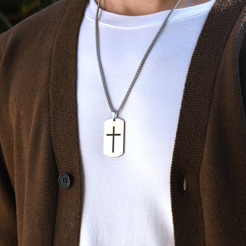 model wearing silver Personalized Cross Dog Tag Necklace