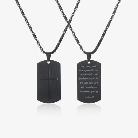 front and back sides of black Personalized Cross Dog Tag Necklace on white background