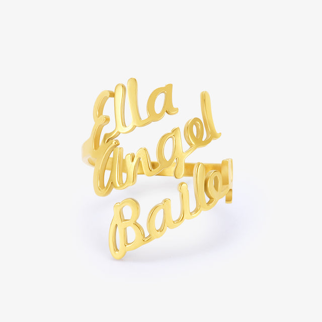 gold colored Personalized Dual Name Ring on a white background