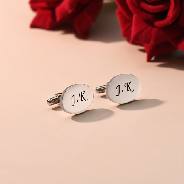 silver Personalized Engraved Initial Cufflinks with red roses behind it