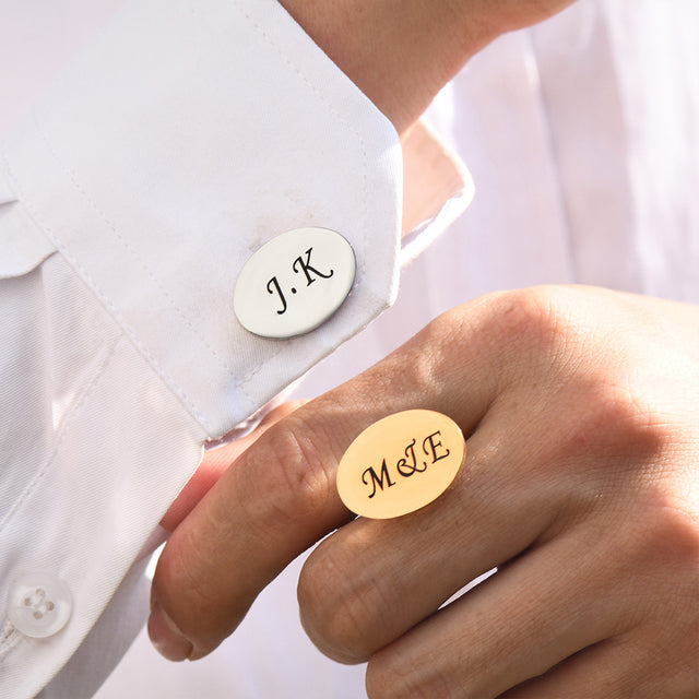 model with the silver and gold Personalized Engraved Initial Cufflinks on