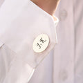 silver Personalized Engraved Initial Cufflinks on model's cuff sleeve