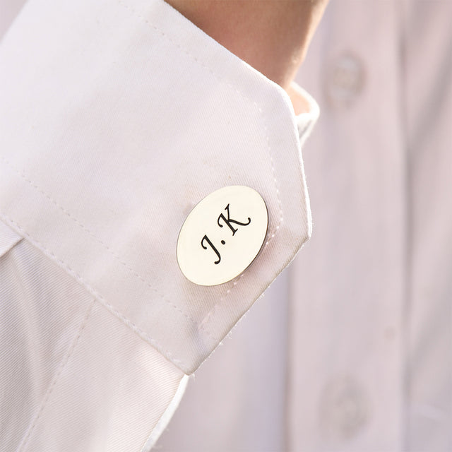 silver Personalized Engraved Initial Cufflinks on model's cuff sleeve