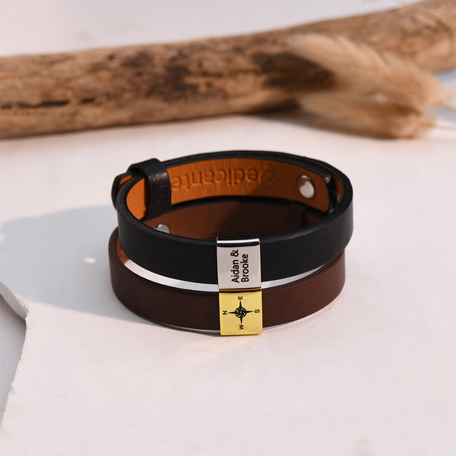 black and brown Personalized Name Leather Bracelets stack together