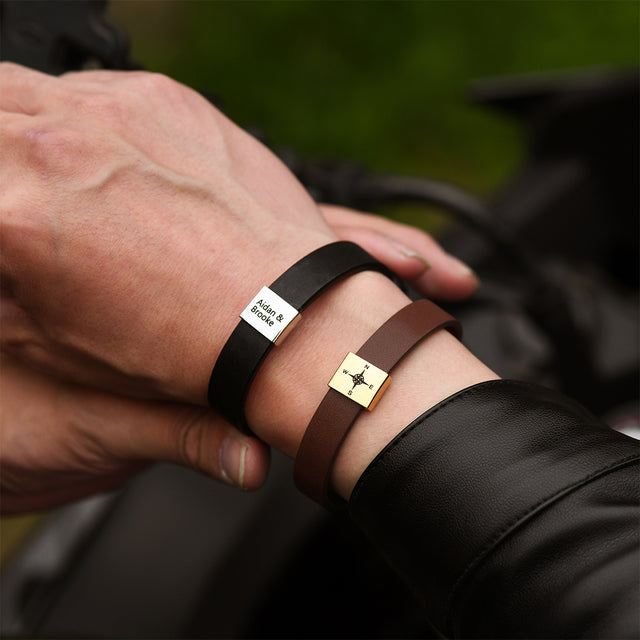 model wearing black and brown Personalized Name Leather Bracelets