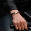 model wearing brown Personalized Name Leather Bracelet