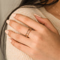 model wearing a gold-colored Personalized Roman Numerals Ring