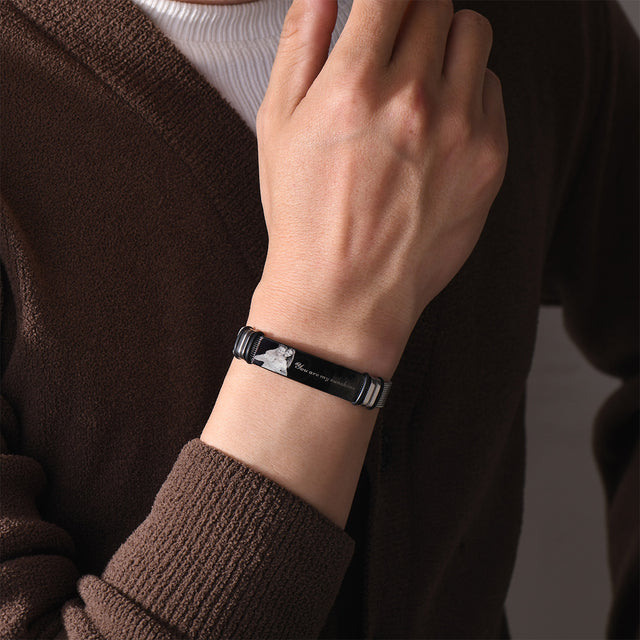 male model wearing Personalized Spotify Photo Bracelet