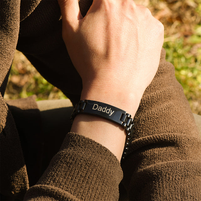 model wearing a black Personalized Steel Band Bracelet