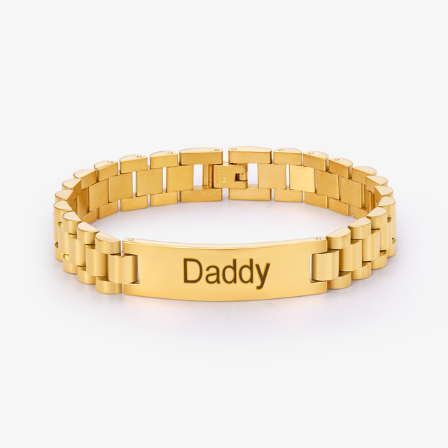 gold Personalized Steel Band Bracelet on a white background