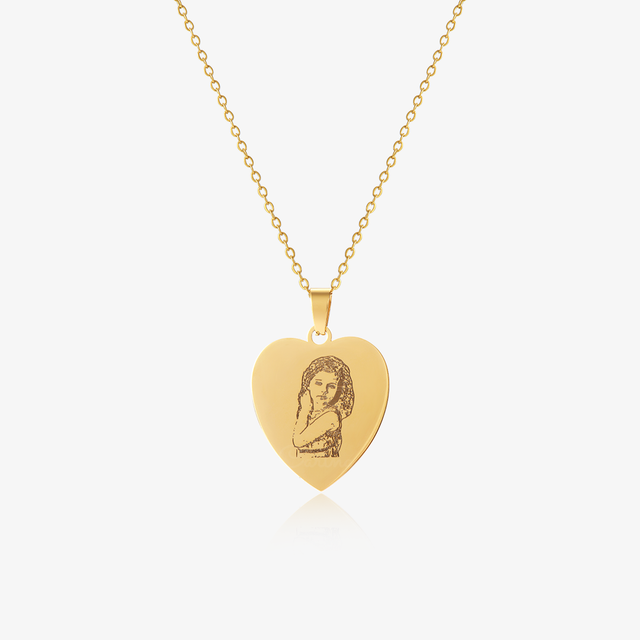 gold Photo Engraved Heart Necklace on white background