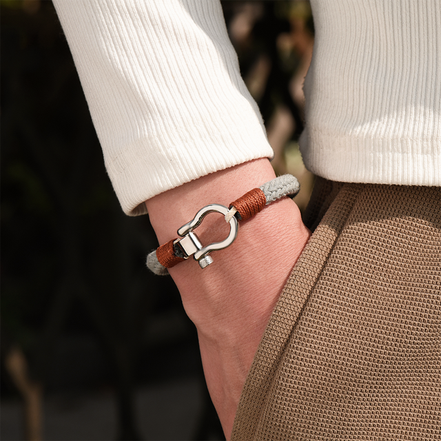 Male model wearing To My Son, I Will Always Be With You Omega Gray Nautical Bracelet