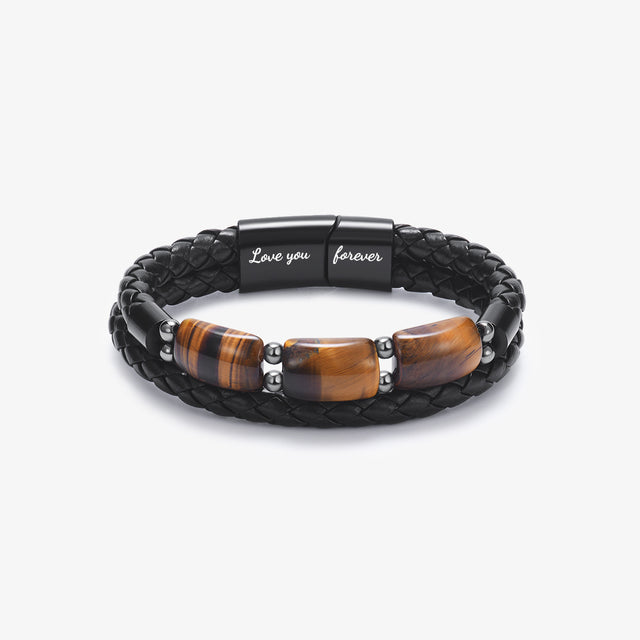 To My Son, Love You Forever Natural Tiger Eye Leather Bracelet on white background