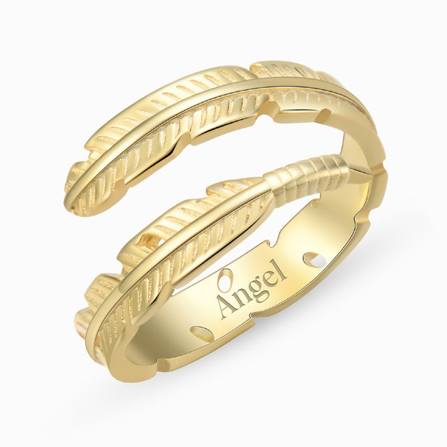 gold variant of Personalized Adjustable Plume Ring in white backgrounf