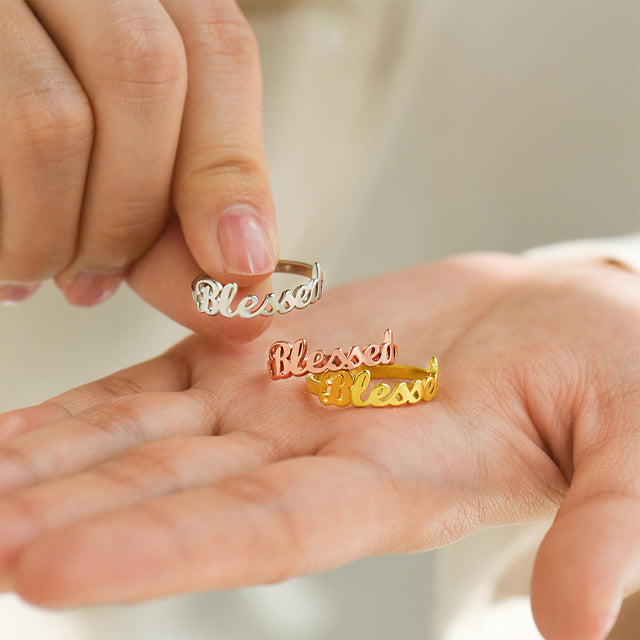 silver, rose gold, gold Stackable Dainty Name Rings on model's palm