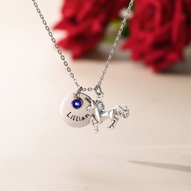 Unicorn Birthstone Necklace with a red rose at the background