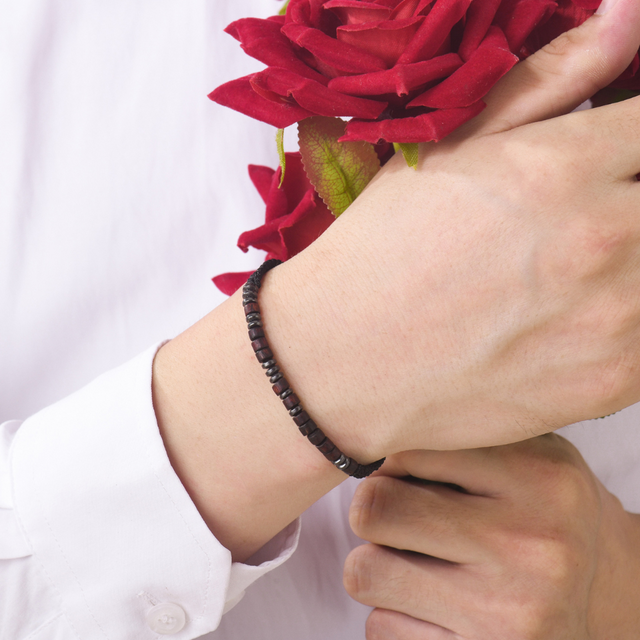 male model holding red roses wearing To My Grandson, I Love You Morse Code Bracelet