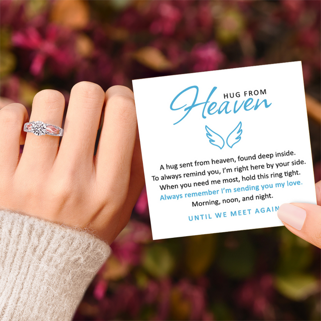 Hug From Heaven Personalized Circle Wings Memorial Ring with a heartwarming message card included