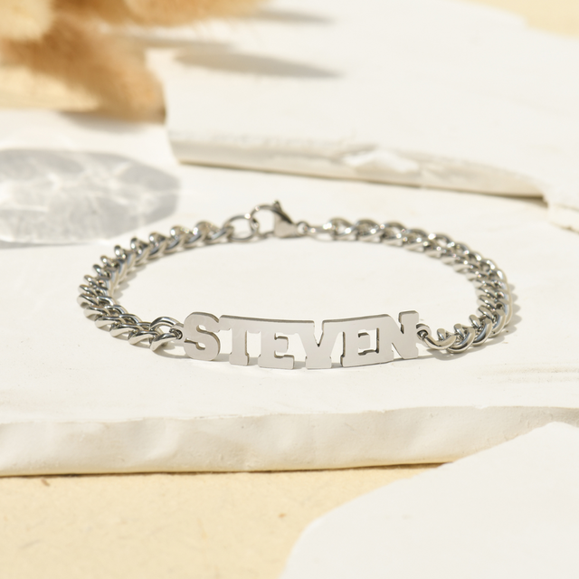 Personalized Chain Link Bracelet on white stone