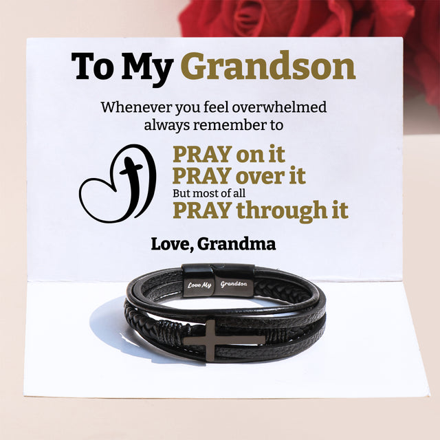 To My Grandson Pray Through It Leather Cross Bracelet, Black cross variant with a heartwarming message card.