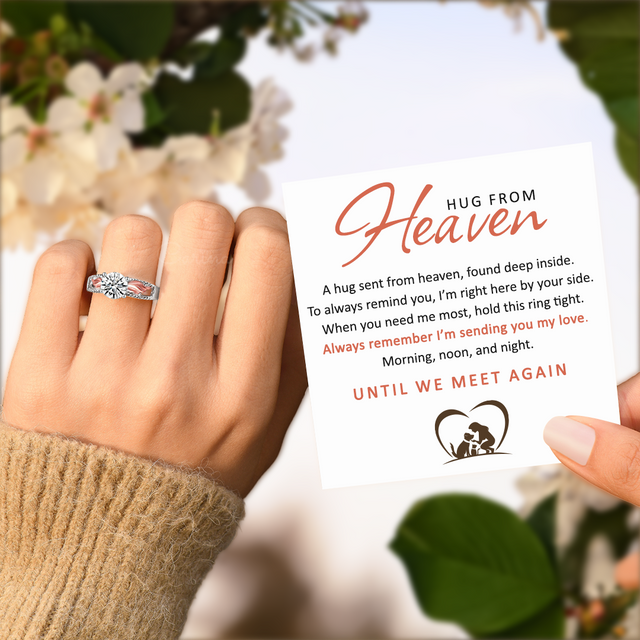 message card and female model wearing Hug From Heaven Personalized Circle Wings Pet Memorial Ring