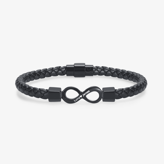 To My Man, Personalized Dual Name Infinity Leather Bracelet on white background