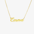 Personalized Emma Quill Name Gold Necklace on a white background.