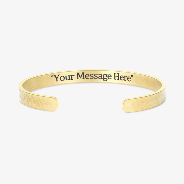 Gold Personalized Hammered Edge Cuff Bracelet on white background