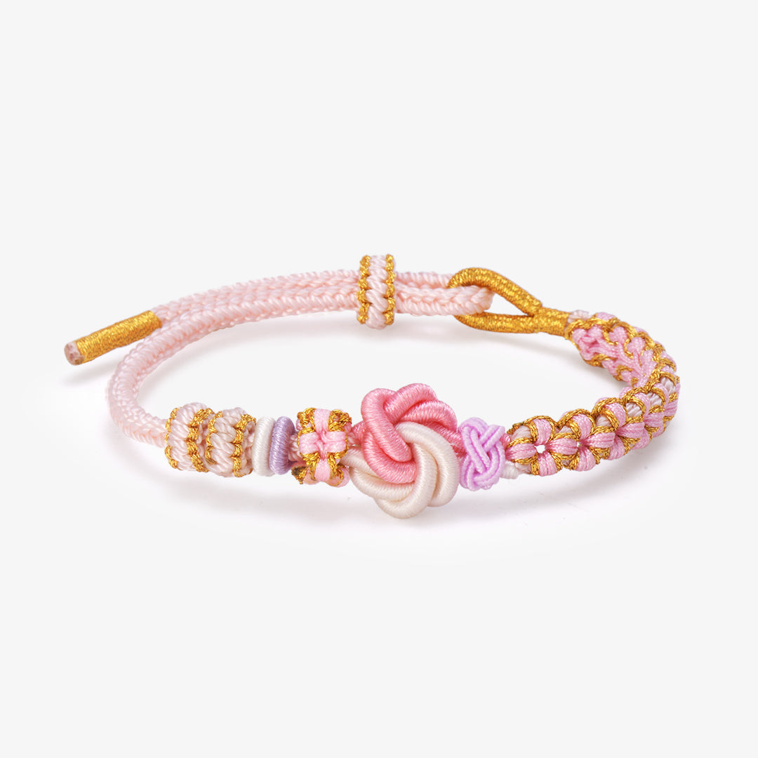 “Grandmother & Granddaughter Forever Linked” Peach Blossom Knot Bracelet on white background