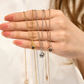 Gold, Silver, and Rose Gold variants of the Personalized Photo Projection Necklace on female model hand