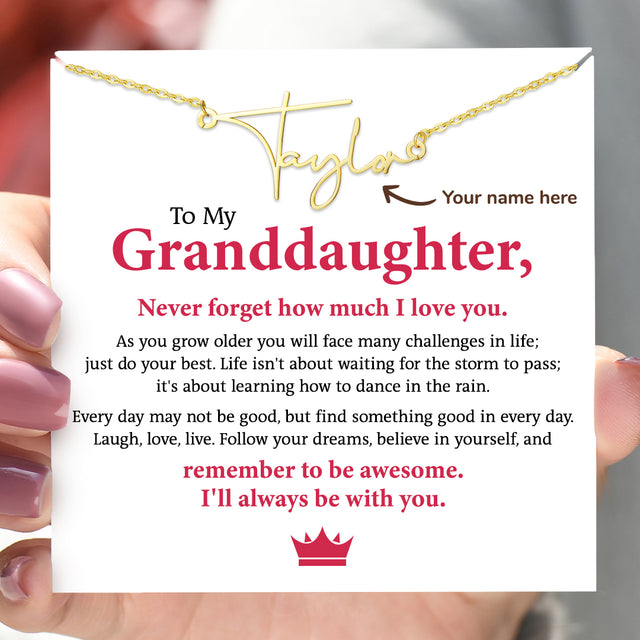 Card message for Granddaughter featuring the Dainty Paris Name Necklace