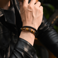 Model wearing Tiger Eye Leather Bracelet