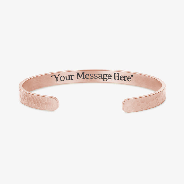 Rose Gold Personalized Hammered Edge Cuff Bracelet on white background