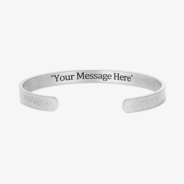 Silver Personalized Hammered Edge Cuff Bracelet on white background