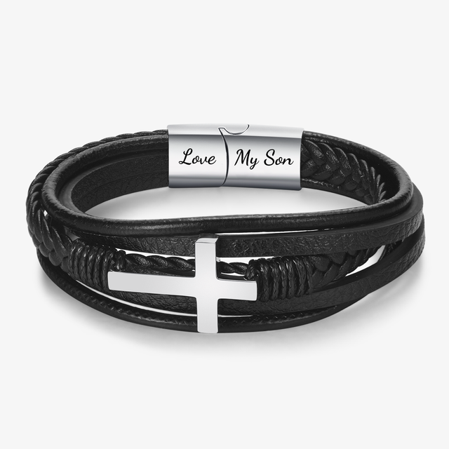 Silver Cross Leather Cross Bracelet in white background