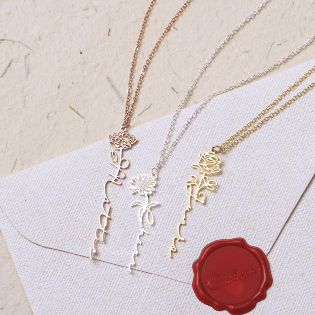 the variants of Personalized Name with Birth Flower Necklace on white sealed envelope